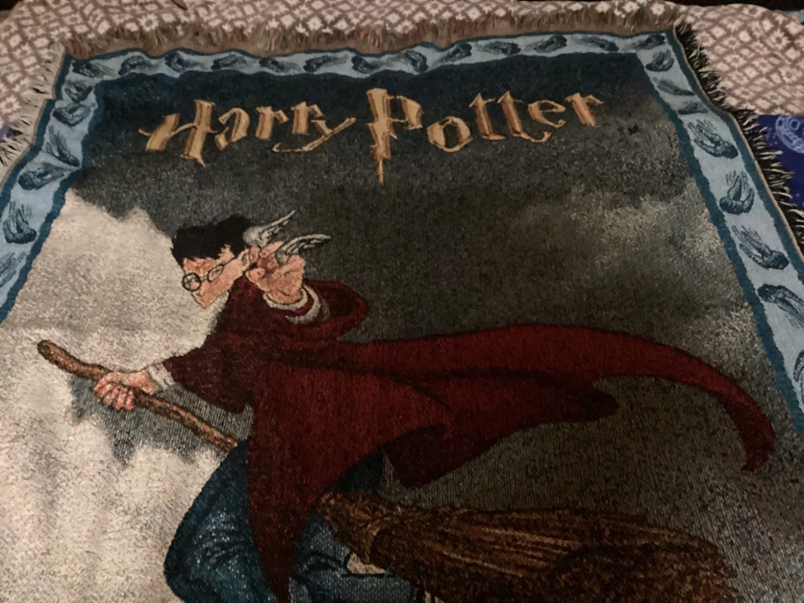 Vintage Harry Potter Throw Blanket Quidditch Hand Woven Fringed Warner Bros 2000