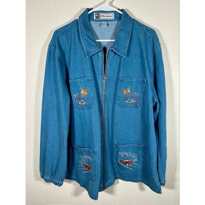 Vintage 90s Passion Route 66 Embroidered Denim Shirt Jacket Zip Up Womens XL