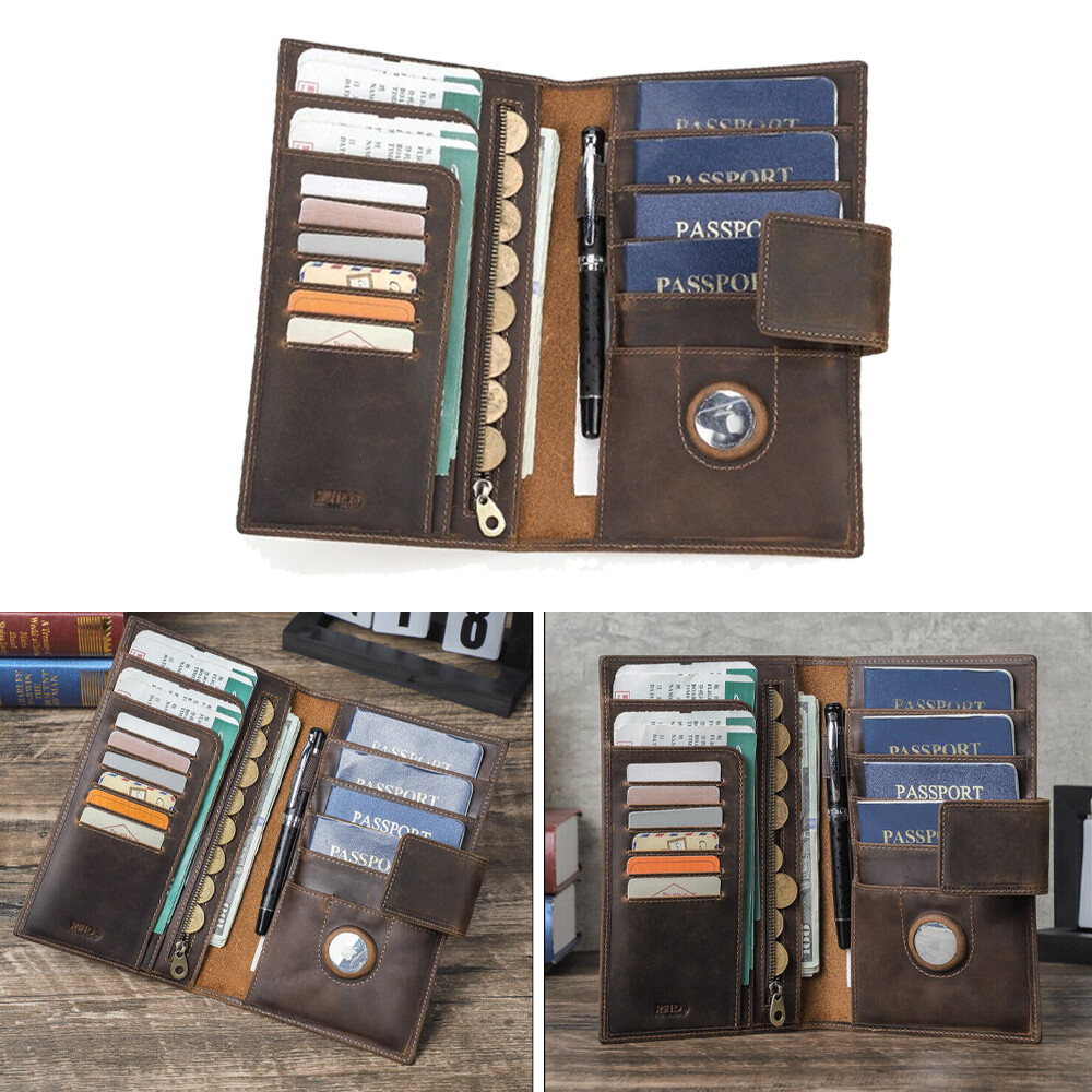 Leather RFID-blocking passport holder with AirTag slot and card pockets for family travel-image