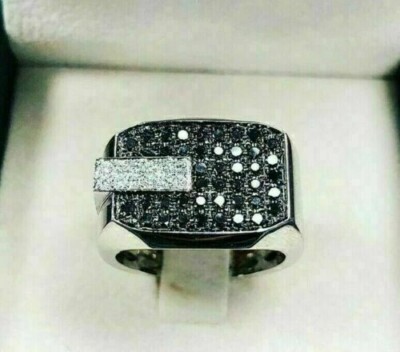Men's Round Cut Black & White Diamond Ring Ring  Lab Create14k White Gold Plated