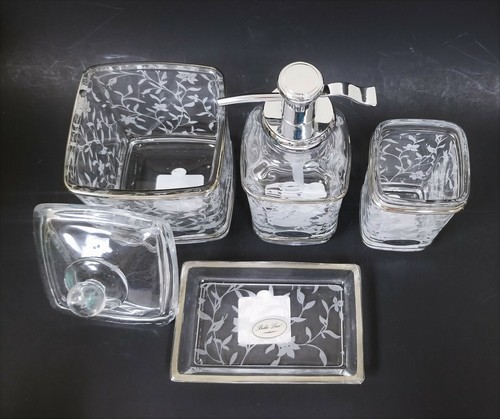 BELLA LUX 4 PC Vetro, Bianco Floreale, Foglia, Argento Sapone Dispenser, Jar , - Foto 5 di 7