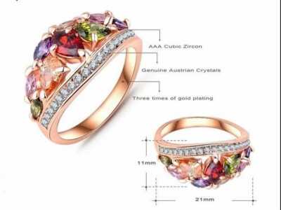 Trendy Multicolor Rose Gold Plated Austrian Crystal Ring: Size 8