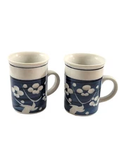 Set of 2 Carved Floral Ceramic Coffee Mugs Blue & White