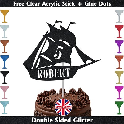 Piratenschiff personalisiert Happy Birthday Tortenaufleger individuell Glitzer Tortendeko