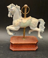 Small Porcelain Carousel Horse Figurine w/Wooden Base Floral Pastel 4.25"
