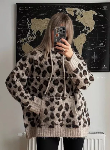 Zara Leopard Print Oversize Knit Hoodie Jumper Size XS S Approx