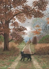 5x7 PRINT OF PAINTING LANDSCAPE BLACK CAT VINTAGE STYLE RYTA HALLOWEEN Folk Art