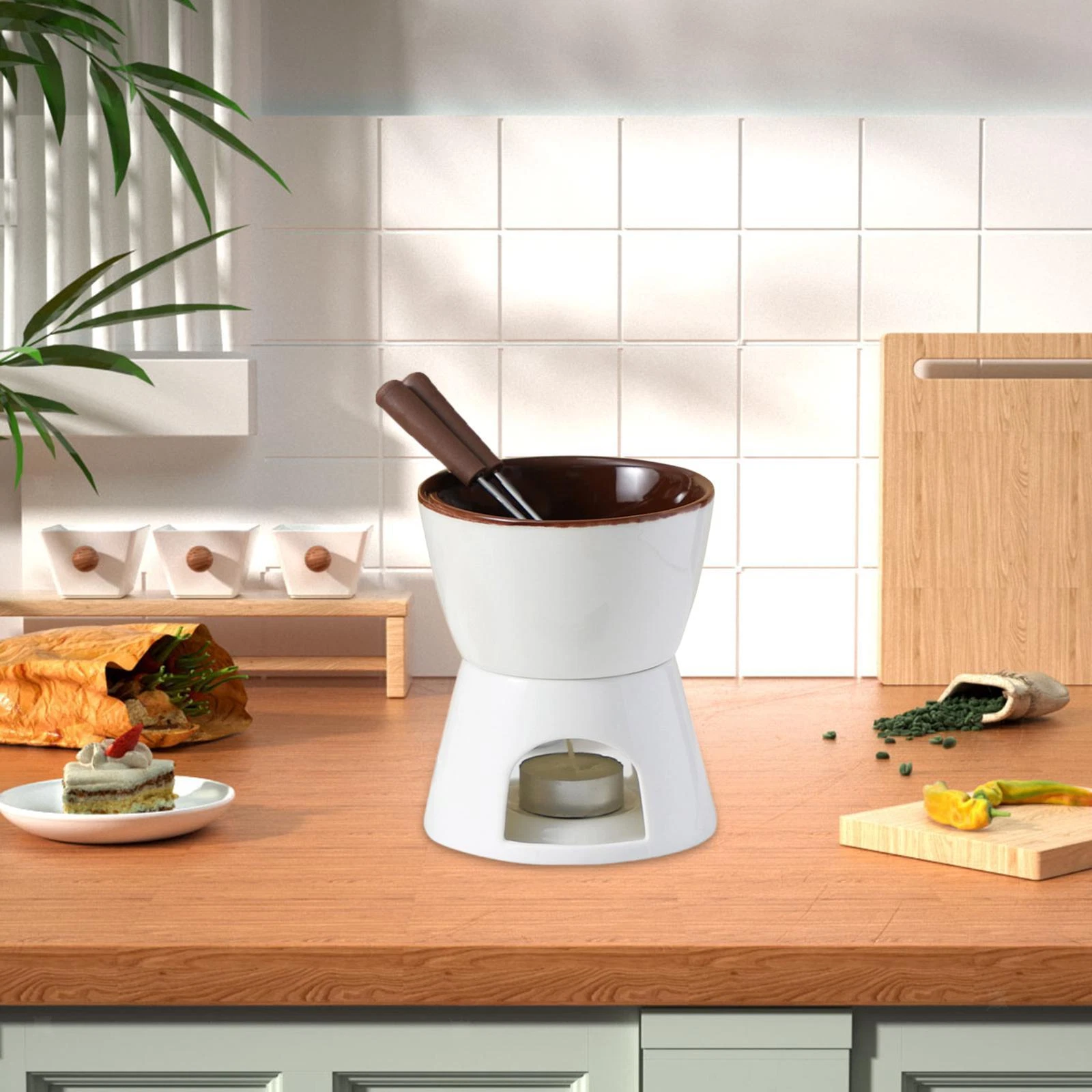 Chocolate Fondue Pot Birthday Snack Dining Tea Light Porcelain Melting Pot