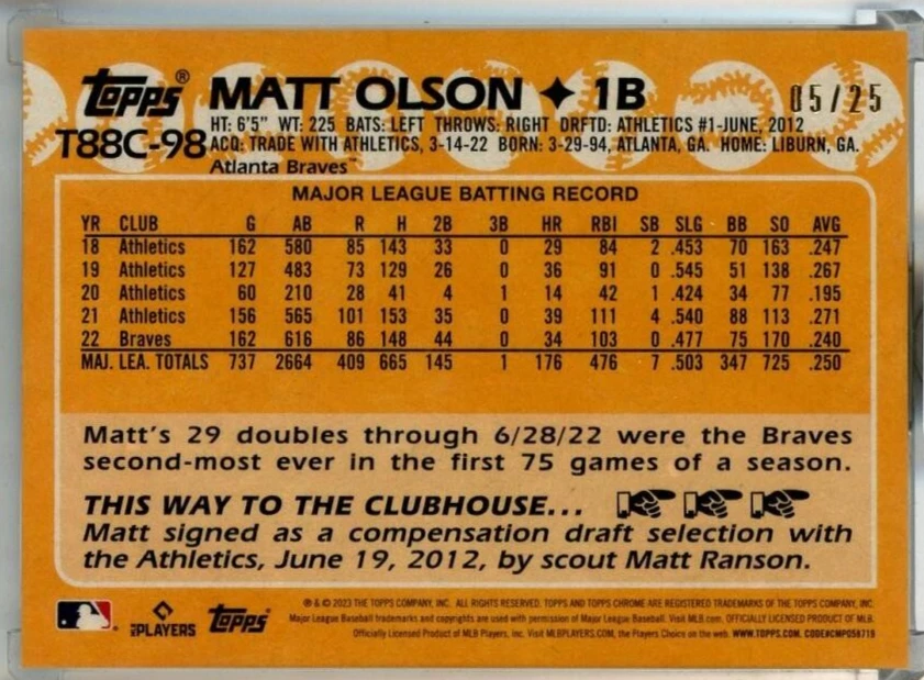 2023 Topps Series 1 Matt Olson /25 1988 Topps Chrome Silver Pack Orange Mojo - Image 2 of 2