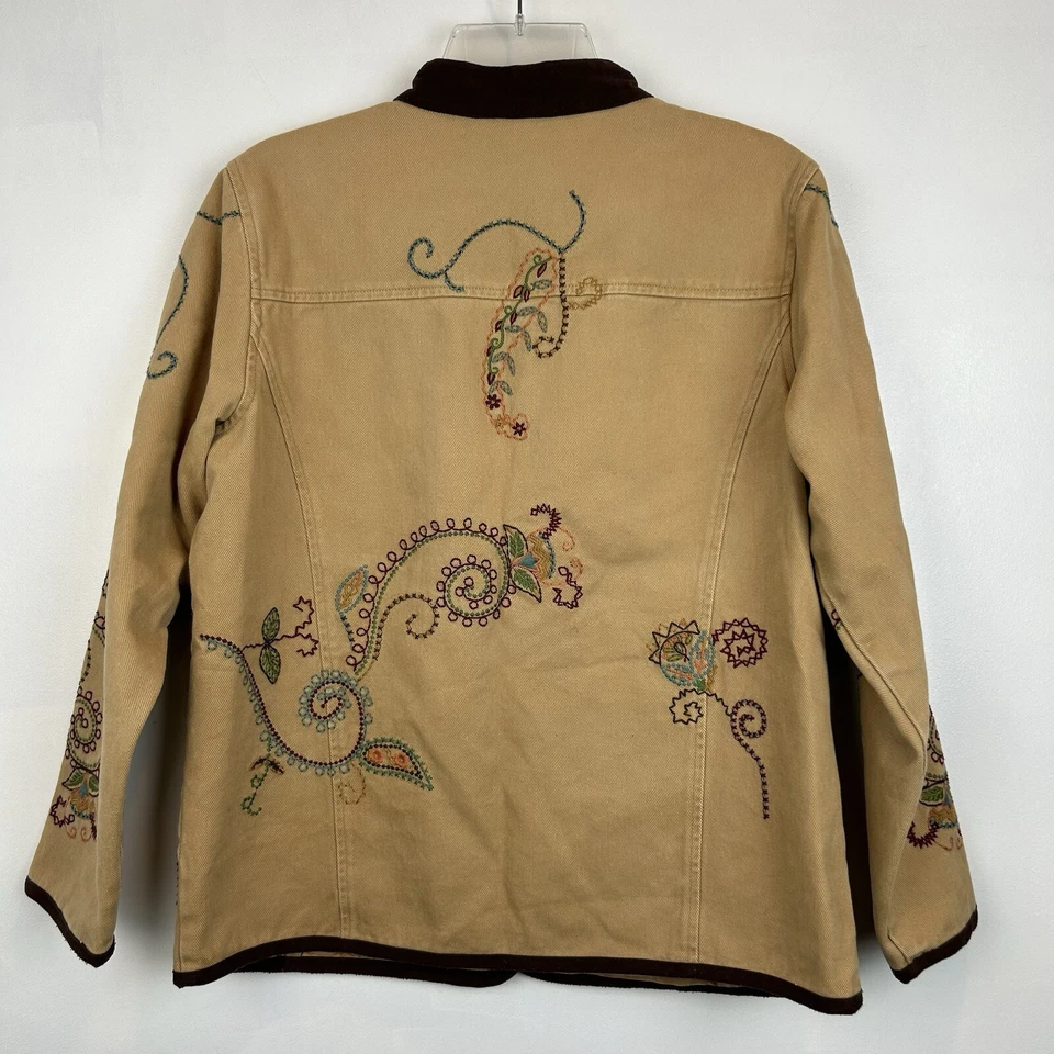 Denim & Co куртка женщины M цветочный вышитый бежевый джинсовой ткани кнопка с подкладкой карманы - Изображение 2 из 4