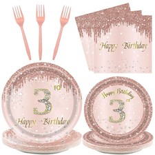 24 Sets 3rd Rose Gold Birthday Party Decrations for Girls 3 Birthday Plates a...
