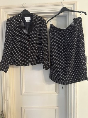Vintage Jaeger Marine Creme Herz Print Anzug - Jacke 16, Rock 18, Made In Italy