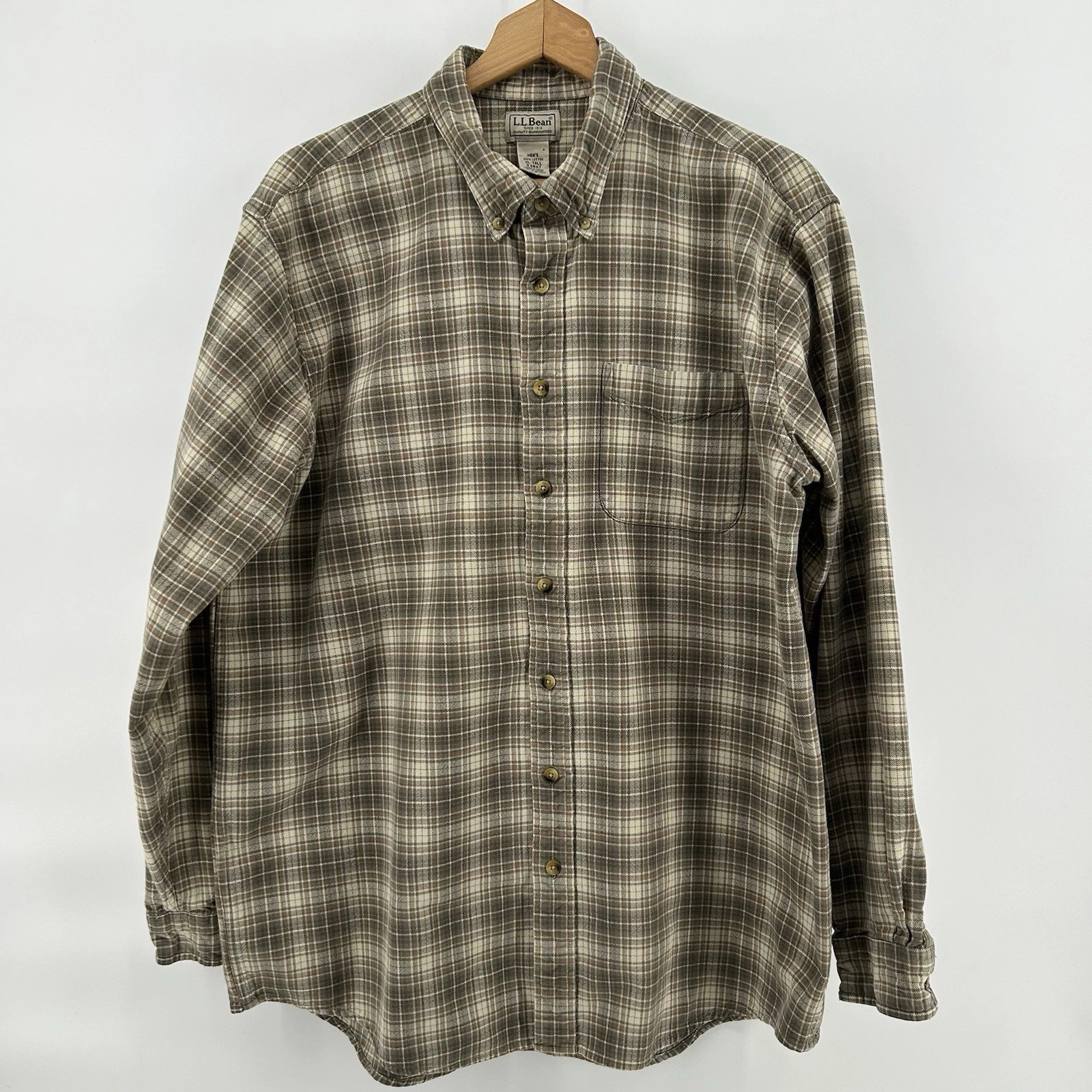 LL Bean Shirt Mens XLT Tall Olive Green Plaid Button Down Long Sleeve Hiking