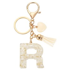 Initial Letter Keychains, Resin Cute Pendant with Heart  Tassel, White-R