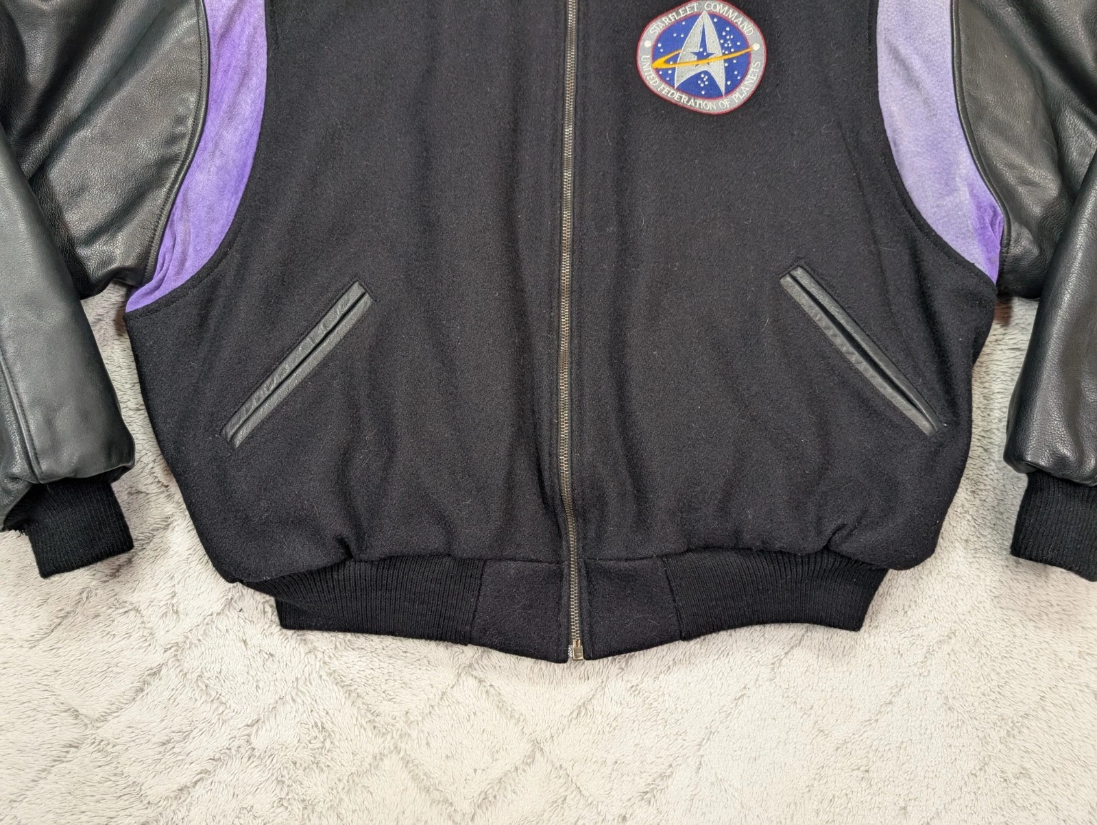 Vintage Star Trek Jacket Men XL Black Federation Of Planets Varsity Wool Leather - product detail image 3