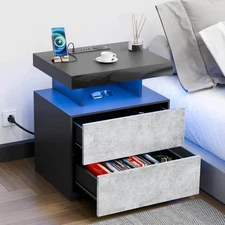 New◈Modern Gray/Black 2-Drawer 22.8 in.Hx19.7 in.Wx15.8 in.D Nightstand w/Smart