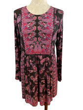 J JILL Wearever Collection Dress XS Black Red Pink Paisley Long Sleeve Mini