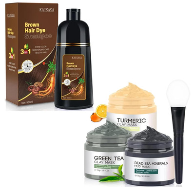 Kaisasa Chestnut Brown Hair Dye & VC Clay Face Mask Set, 3-in-1 Color Shampoo