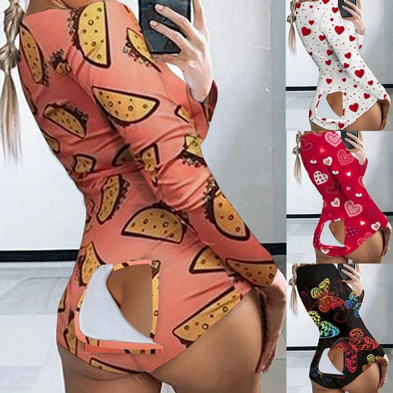 Sexy Women Jumpsuits Pajamas Ladies Back Butt Bum Open Button Flap Sexy  Pyjamas