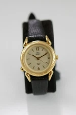 Timex Watch Women Gold Stainless Steel Black Leather WR Light Date Beige Quartz