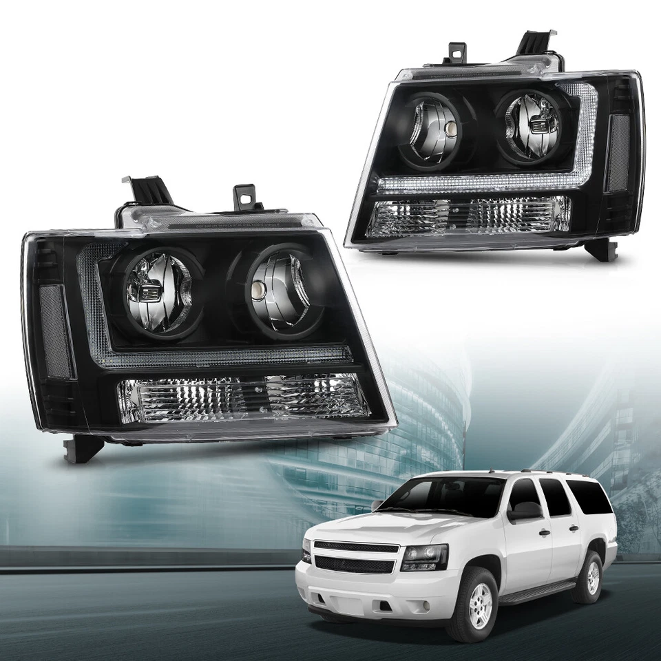 Clear/Black LED DRL Headlights Fit For 2007-2014 Chevy Avalanche Tahoe Suburban - Image 2 of 4