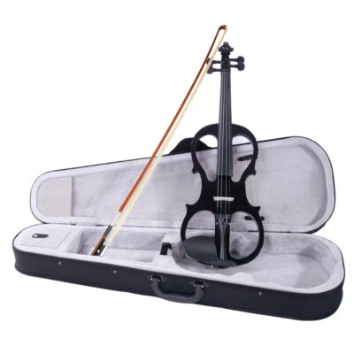 US 4/4 Black Electric Silent Violin With Hard Case Bag Bow Rosin Headphone Cable