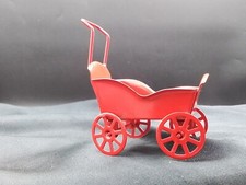 BABY CARRIAGE STROLLER RED METAL VINTAGE DOLLHOUSE MINIATURE NURSERY WHEELS TURN