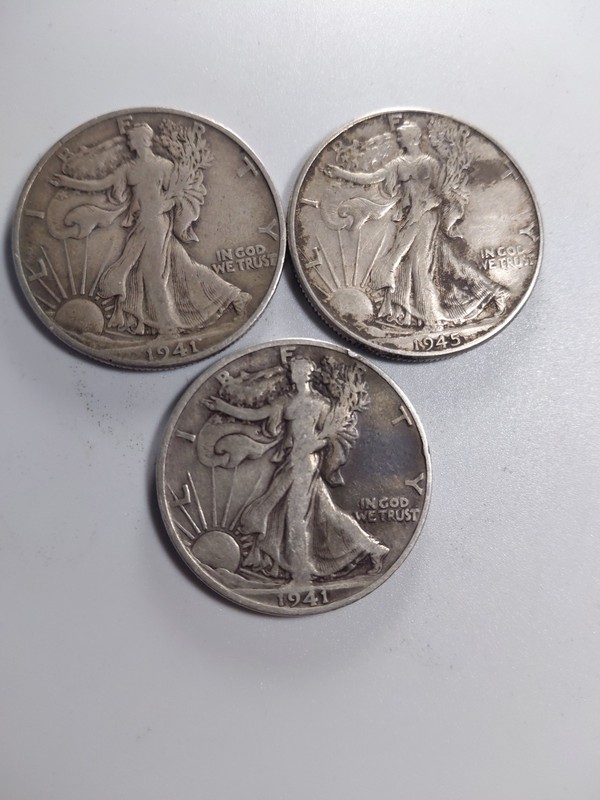 Walking Liberty Half Dollar Lot Of Three Silver Coins 1945 And 1941