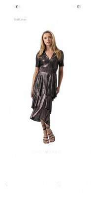 Saint + Sofia Gunmetal Metallic Tiered Midi Dress - Size 8