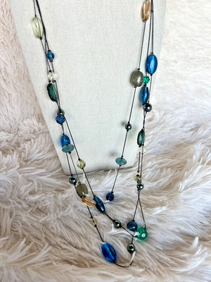 Lia Sophia Necklace Multi Strand Beaded Blue Green Glass Gunmetal 28  Boho Artsy