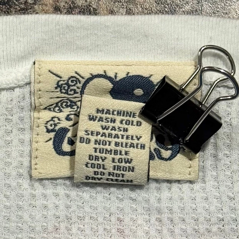 Vintage Lucky Brand Top Y2K Asian Dragon Waffle Thermal Henley Boho Medium Flaws - Image 4 of 4