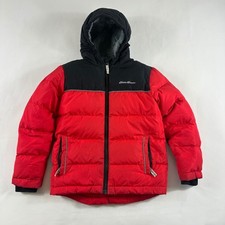 Eddie Bauer Kids Down Puffer Jacket XS 5/6 Red Black Hooded Coat