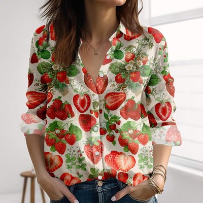 Strawberry Fruit Print Blouse Cottagecore Summer Garden Shirt Sweet Gift Top