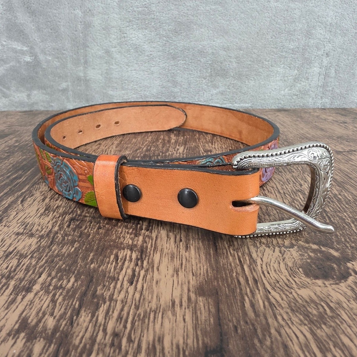 Tooled Hand Painted Leather Belt 32 Ten Brown Colorful  display picture 1