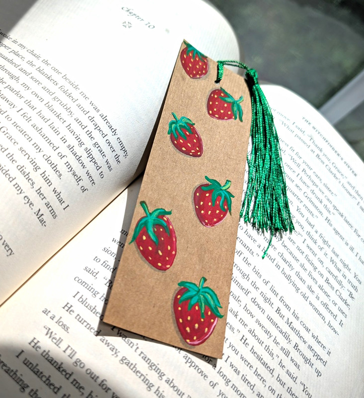 Hand Painted Paper Bookmark Strawberry Pattern Brown Rectangle w/ Green Tassel