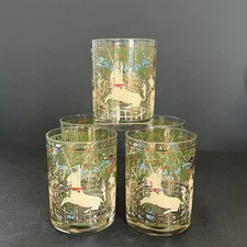 Vintage Cera Set Of 5 Whiskey Glasses Enchanted Forest Unicorn Hunt MCM Barware