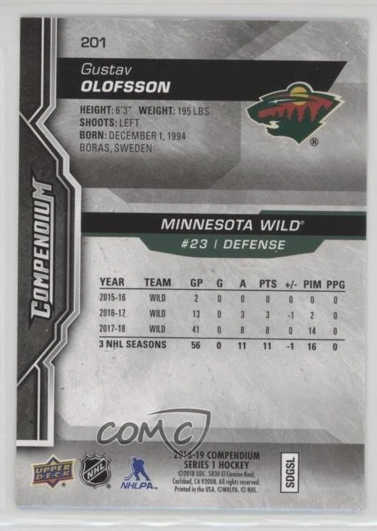 2018-19 Upper Deck Compendium Blue Gustav Olofsson #201 - Image 2 of 2