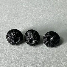 (3) Antique Black Glass Buttons Round Tunnel Shank 3/8” Geometric Death Star B82
