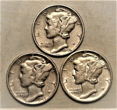 1945 PDS  Set of three Mercury Dimes circulated 90% Silver XF + Extra Fine Plus