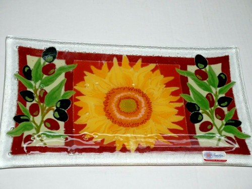Peggy Karr Tuscany Fused Art Glas rechteckiges Tablett Handarbeit Sonnenblume Oliven - Bild 1 von 3