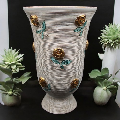 Vtg Enesco Golden Roses Fratelli Fanciullacci Italy Pottery Vase IE317
