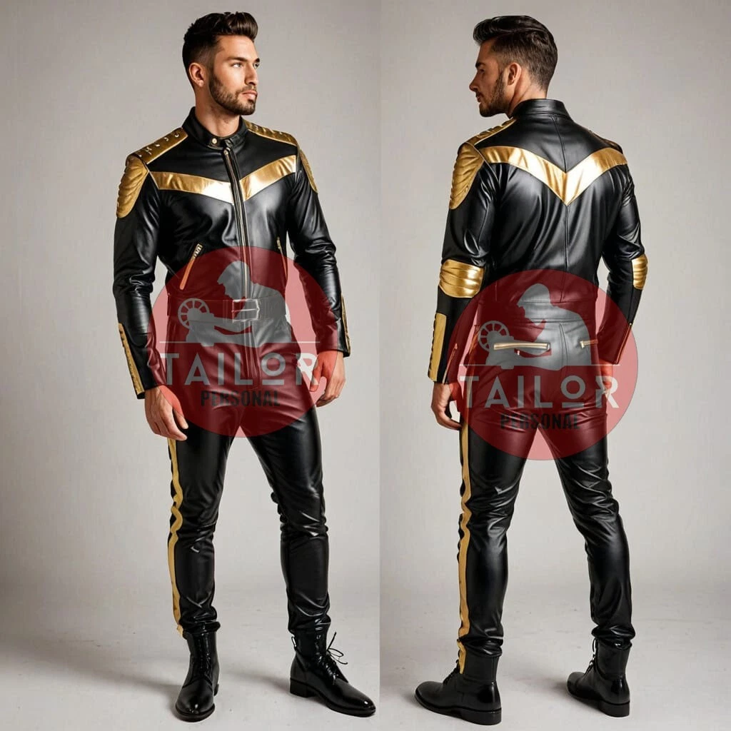 MENS BLACK GOLD LEATHER CATSUIT FRONT ZIPPER OVERALL JUMPSUIT CLASSIC STYLE SUIT
