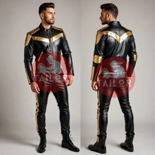 MENS BLACK GOLD LEATHER CATSUIT FRONT ZIPPER OVERALL JUMPSUIT CLASSIC STYLE SUIT