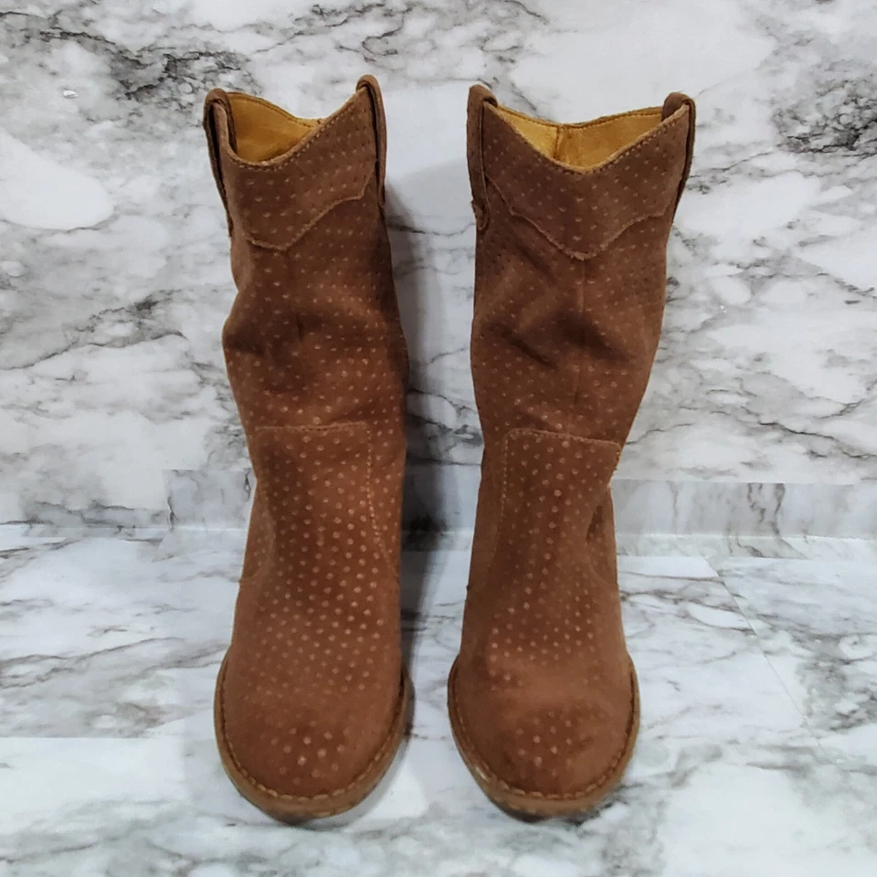 Born Genevieve Botas Para Mujer 7 Marrón Lunares Gamuza Media Pantorrilla Tacón Bloque Zapatos Foto 2 de 4