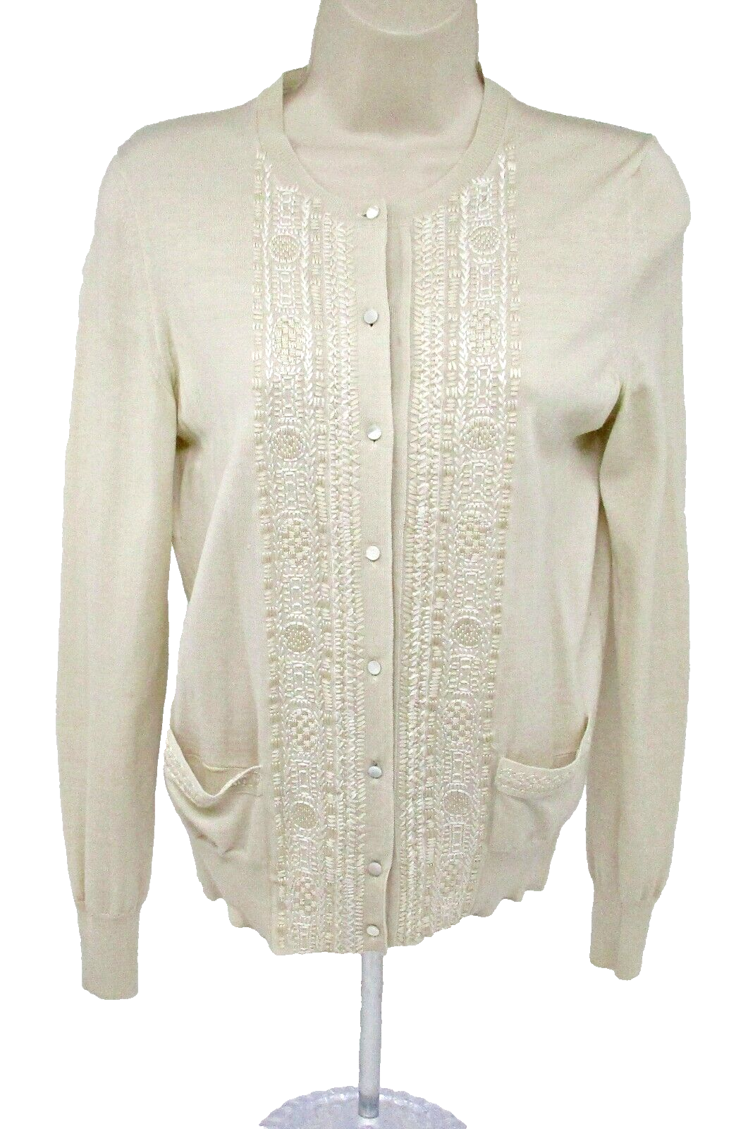 Cardigan Yves Saint Laurent YSL Vintage Beige Lana Ricamato Maglione Tasche M