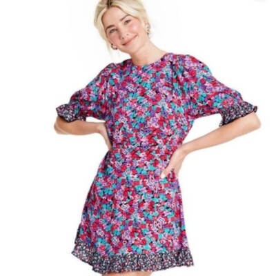 Rixo Pink Floral Short Sleeve Women's Mini Dress | eBay