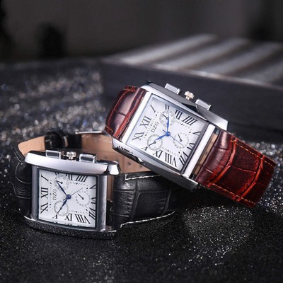 Men's Stylish Roman Scale Three-Eye Square Waterproof Belt Watch