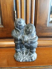 Vintage A Wolf Original Inuit Couple Soap Stone Carving Sculpture Figure Canada