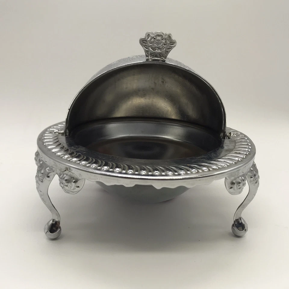 Plato de mantequilla plateado vintage de mediados de siglo con patas de esfera tapa giratoria (usado) Foto 4 de 4