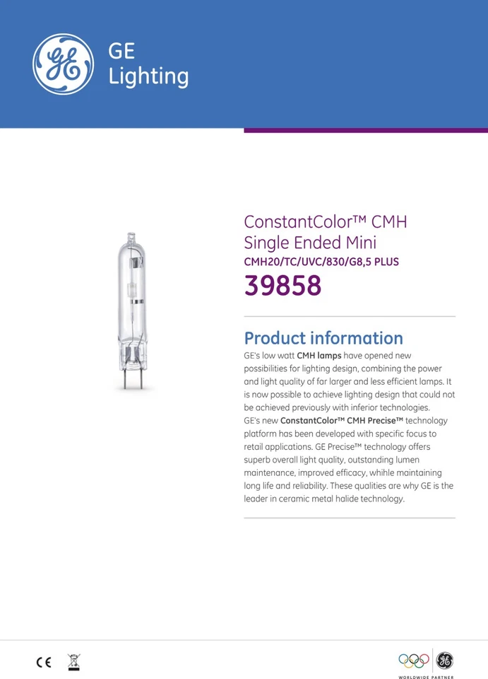 20W GE G8.5 Plus HID CMH20/TC/UVC/830/G8.5 METAL HALIDE CERAMIC T4 Light Bulb - Image 4 of 4